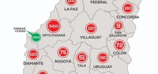 alt="mapa con el número de casos de coronavirus en Entre Ríos"