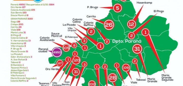 alt="mapa del departamento Paraná con casos de Covid"