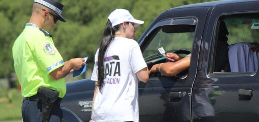 alt="policía en un puesto caminero controlando documentación a un conductor junto a una funcionaria de transporte"