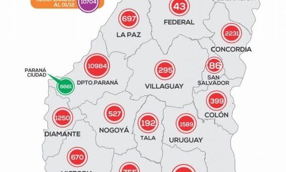 alt="mapa de la provincia de entre ríos con número de casos de coronavirus"