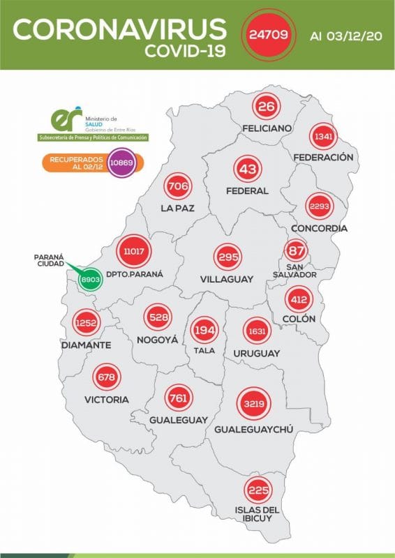 alt="mapa de entre ríos con número de casos de coronavirus en la provincia"