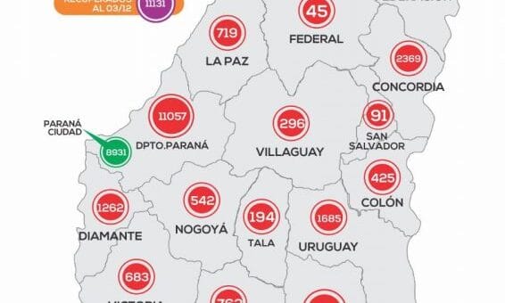 alt="mapa de la provincia de Entre Ríos con el número de casos de coronavirus en todo el territorio provincial"