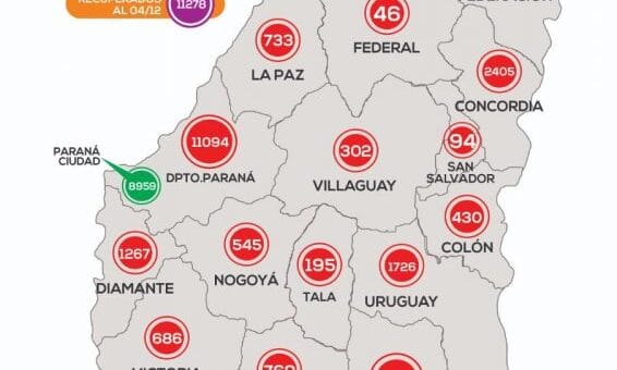 alt="mapa de la provincia de Entre Ríos con el número de casos registrados en todo el territorio"