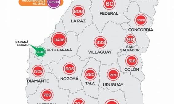 alt="mapa de Entre Ríos con el número de casos de coronavirus ocurridos desde el inicio de la pandemia"