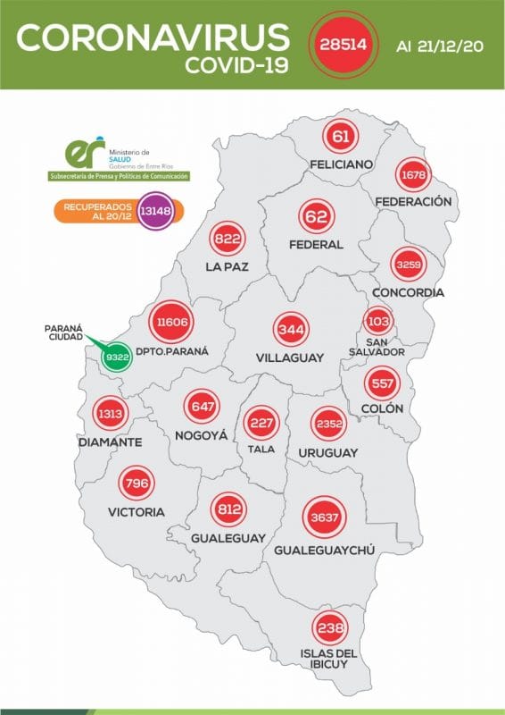 alt="mapa de entre ríos con el número de casos de coronavirus en la provincia"