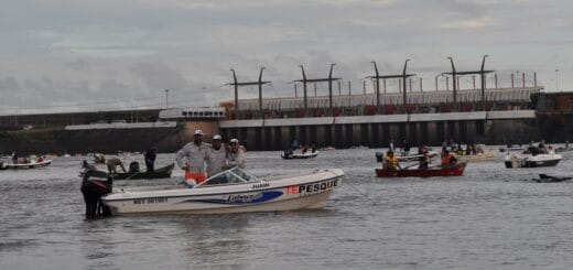 alt="decenas de lanchas con pescadores aguas abajo de la represa de Salto Grande durante la fiesta nacional pesca de la boga"