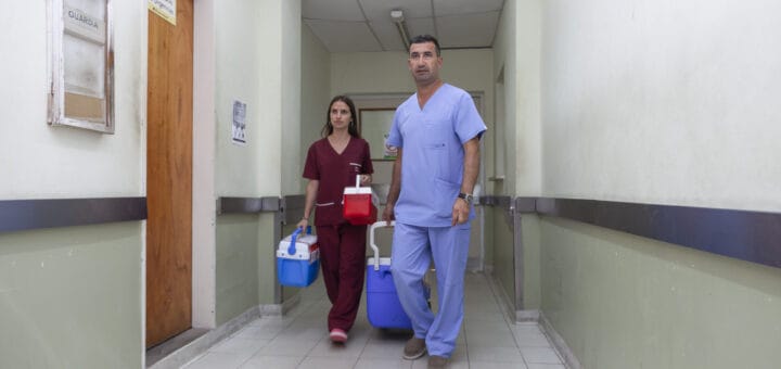 alt="dos integrantes de los equipos médicos que intervinieron tras la donación transportan órganos en contenedores"