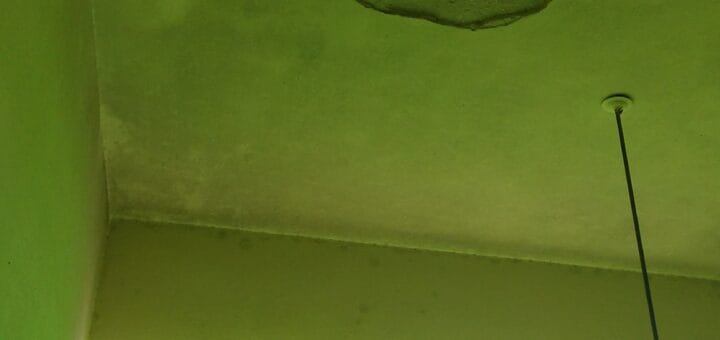 alt="techo deteriorado con caída de revoque del cielorraso"