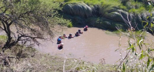 alt="bomberos asegurados a una soga realizan un rastrillaje en un arroyo"