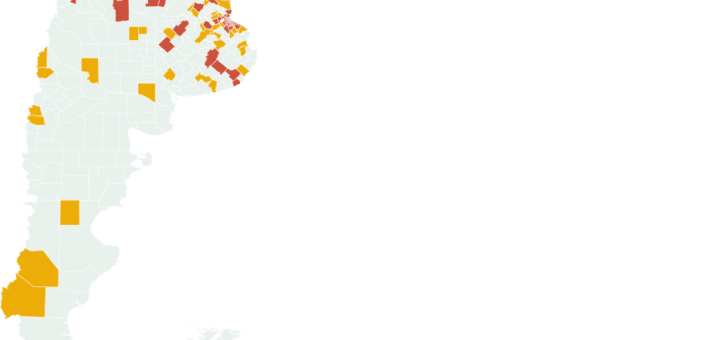 alt="mapa de argentina con los departamentos de alto riesgo epidemiológico"
