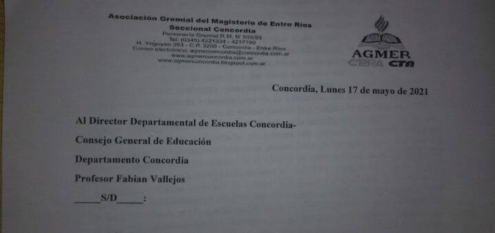 alt="en la imagen, fragmento de la nota presentada por agmer a las a autoridades de educación"