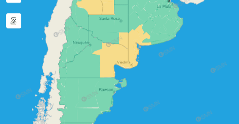 alt="mapa de argentina pintado de amarillo en los sectores con alertas meteorológicas"