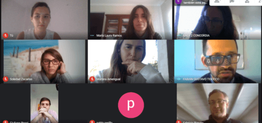 alt="en la imagen puede verse en una pantalla de ordenador a varios participantes en una reunión virtual"