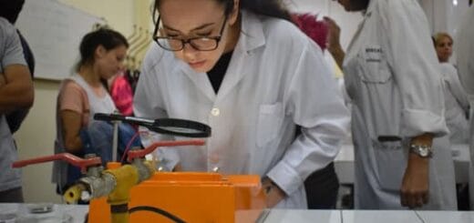 alt="una joven investigadora observa una muestra, detrás de ella varias personas realizan diversas actividades"