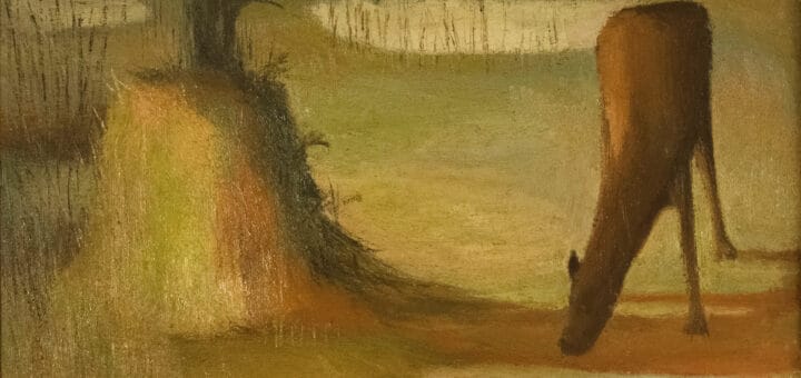 alt="en la imagen puede verse una pintura cuyo tema es un caballo comiendo en el campo entrerriano"