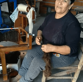 alt="en la imagen puede verse a una artesana hilando lana cruda"