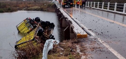 alt="en la foto puede verse en el campo de la izquierda a un camión caído en un arroyo, en el de la derecha al puente desde el que cayó"