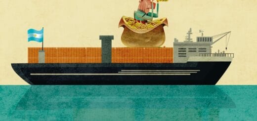 alt="ilustración que muestra a un barco carguero navegando con un gaucho observando el horizonte con un catalejo y sentado sobre una bolsa con cereales"