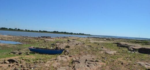 alt="Sólo rocas afloran en la zona de Villeta con la bajante del río Paraguay. La situación genera preocupación en los importadores"