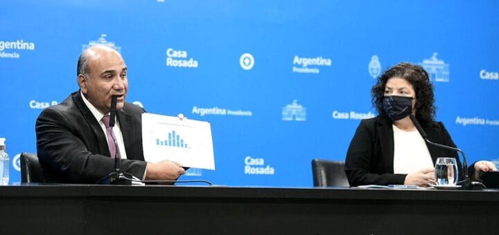 alt="Las medidas fueron anunciadas este martes a la mañana en una conferencia de prensa en la Casa de Gobierno por el jefe de Gabinete, Juan Manzur, y la ministra de Salud, Carla Vizzotti"