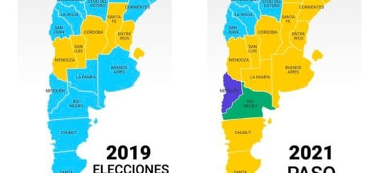 alt="en la imagen puede verse un mapa de argentina con las provincias coloreadas de acuerdo a qué agrupación política ganó en las PASO"