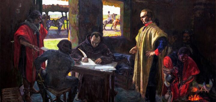 alt="cuadro al óleo sobre tela de José Artigas dictando a su secretario Monterroso. El autor del cuadro es Pedro Blanes Viale"