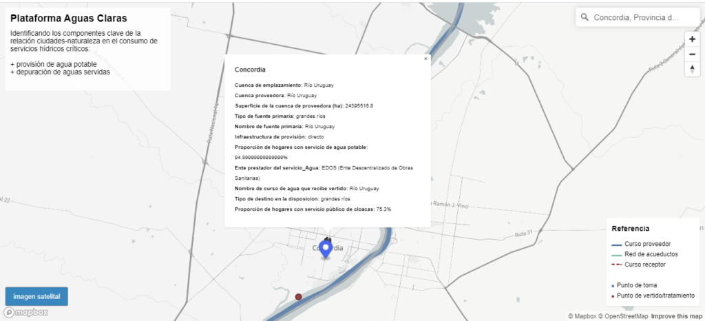 alt="en la imagen se presentan datos sobre la ciudad de Concordia disponibles en el mapa interactivo en el que están georreferenciadas las fuentes de agua potable y los destinos de aguas servidas"