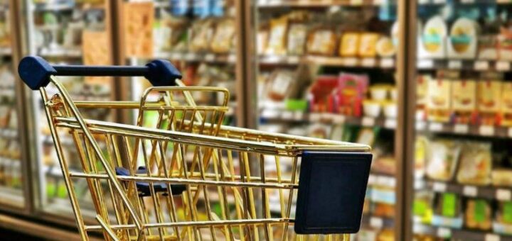 alt="carrito de supermercado vacío y en el fondo unas góndolas con alimentos"