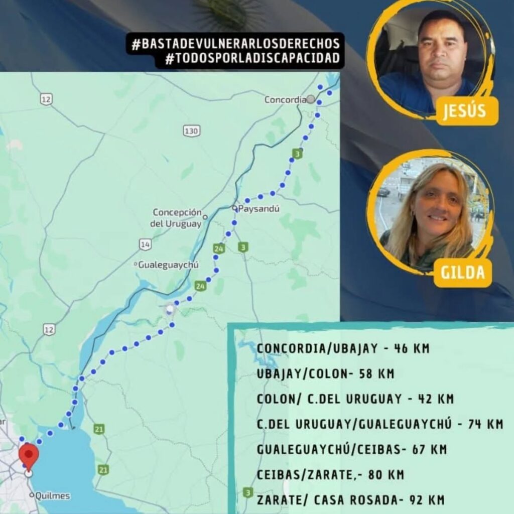 alt="mapa del recorrido de Entre Ríos a Buenos Aires por la emergencia en discapacidad"