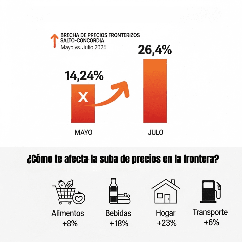 alt="La Brecha de Precios Fronterizos entre Salto y Concordia se amplía significativamente a 26,4% en julio. El gráfico muestra el porcentaje que se amplió la diferencia de precios en algunas divisiones, entre la medición de mayo y la de julio"