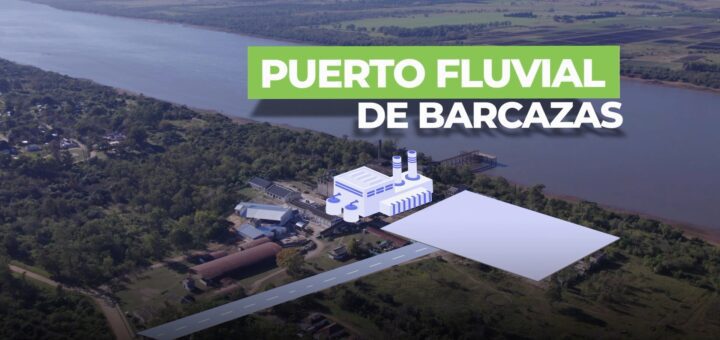 alt="la imagen gráfica representa virtualmente un hipotético puerto de barcazas sobre el río Uruguay"