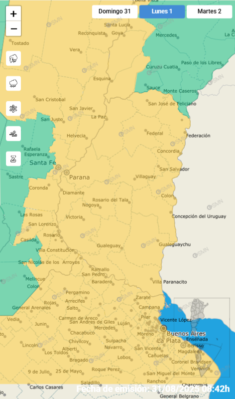alt="Alerta Naranja y Amarilla en Entre Ríos. El SMN emitió avisos por fuertes tormentas y lluvias. Este lunes toda la provincia resultará afectada"