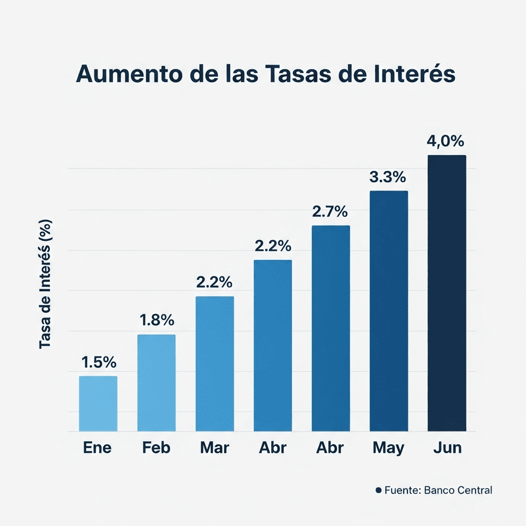 alt="El impacto de los encajes bancarios en las tarjetas de crédito se siente en tus finanzas y en los comercios locales. La imagen muestra un gráfico de barras ascendente mostrando un aumento de las tasas de interés"