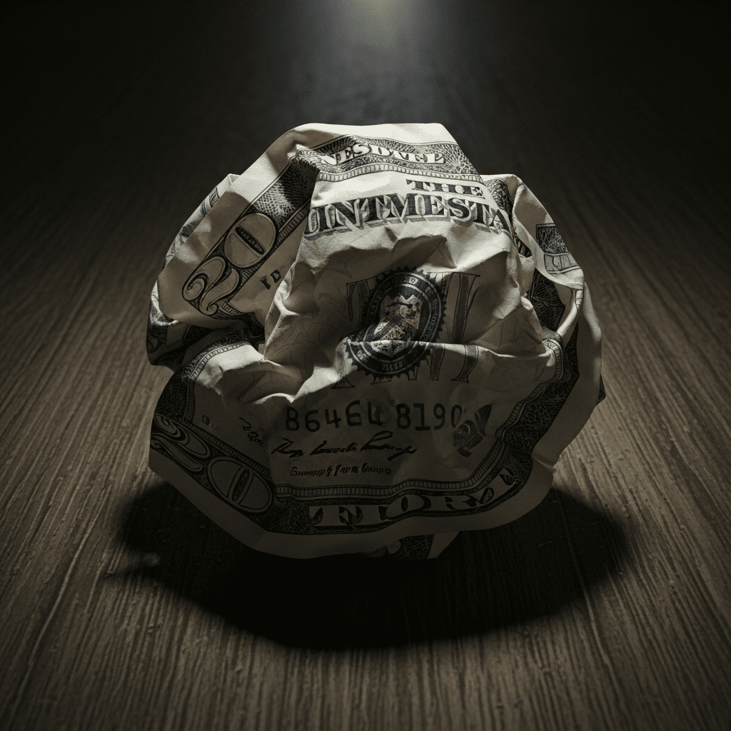 alt="en la imagen se observa un billete de veinte dólares hecho un bollo arrugado"