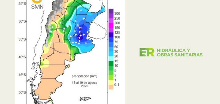 alt="mapa de la Argentina con las precipitaciones registradas entre el 18 y el 19 de agosto"