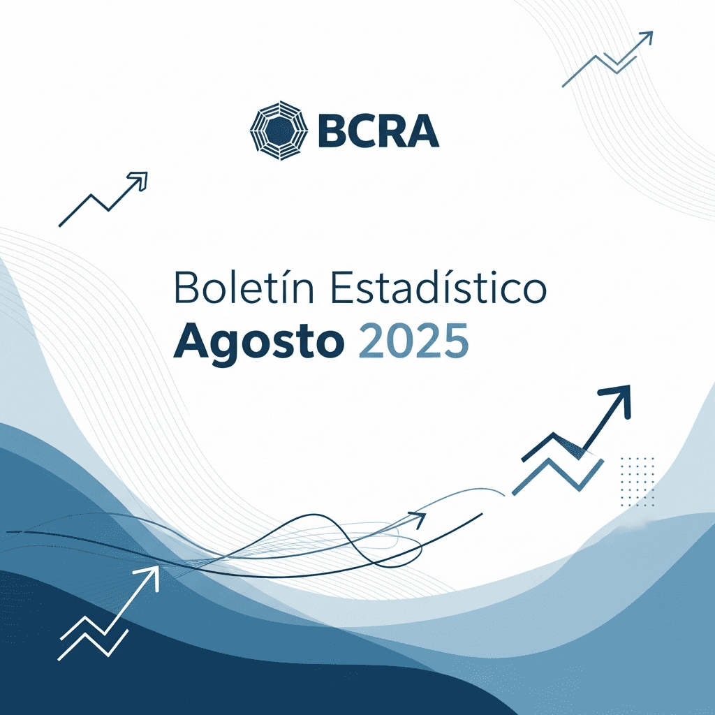 alt="un gráfico minimalista del boletín estadístico del BCRA de agosto de 2025, el cual detalla la situación de reservas y crédito"