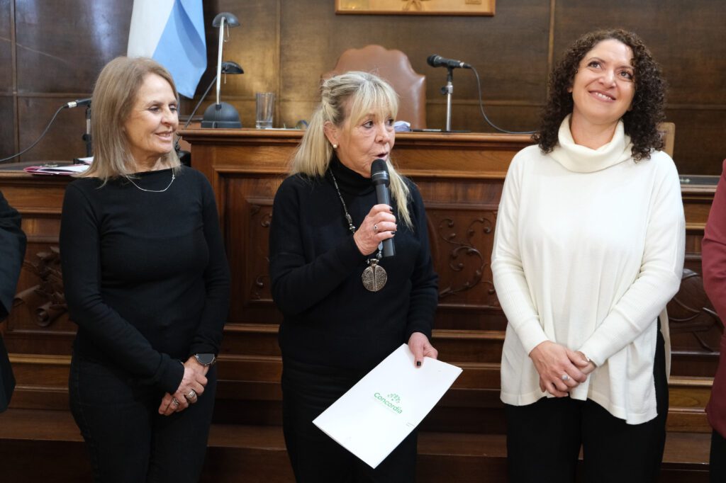 alt="una mujer, con otras dos a derecha e izquierda, habla en el recinto del Concejo Deliberante de Concordia"