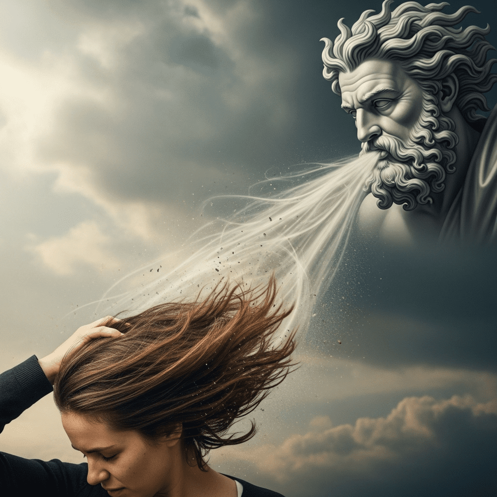 alt="el dios Eolo sopla desde las nubes sobre el cabello de una mujer como símbolo de la vigente alerta amarilla por lluvias y tormentas para la región"