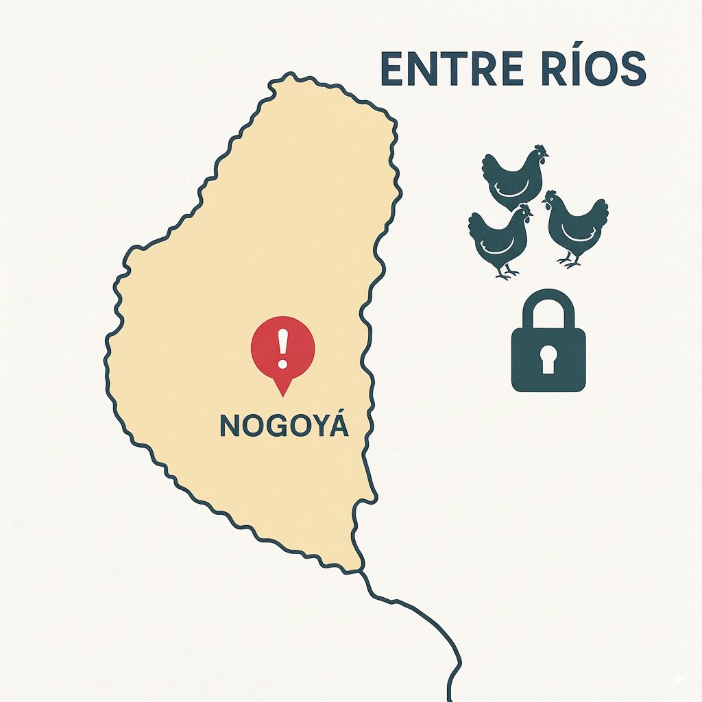 alt="símbolos del impacto de la gripe aviar en Entre Ríos: un mapa de la provincia, un candado, imágenes de aves de corral y una señal de advertencia"