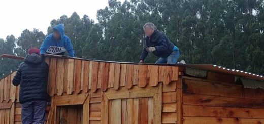alt="dos hombres sobre el techo de una vivienda de madera y otro sobre una escalera recostada en una de las paredes"