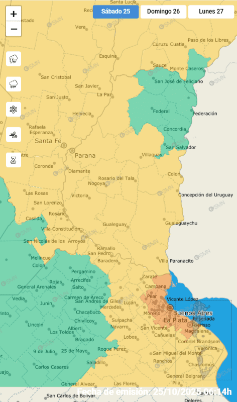 alt="mapa de entre ríos donde se destacan los departamentos afectados por el temporal para los que rige la alerta amarilla"