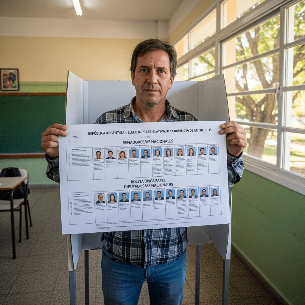 alt="un votante exhibe la boleta única de papel que debuta en las elecciones de Entre Ríos"