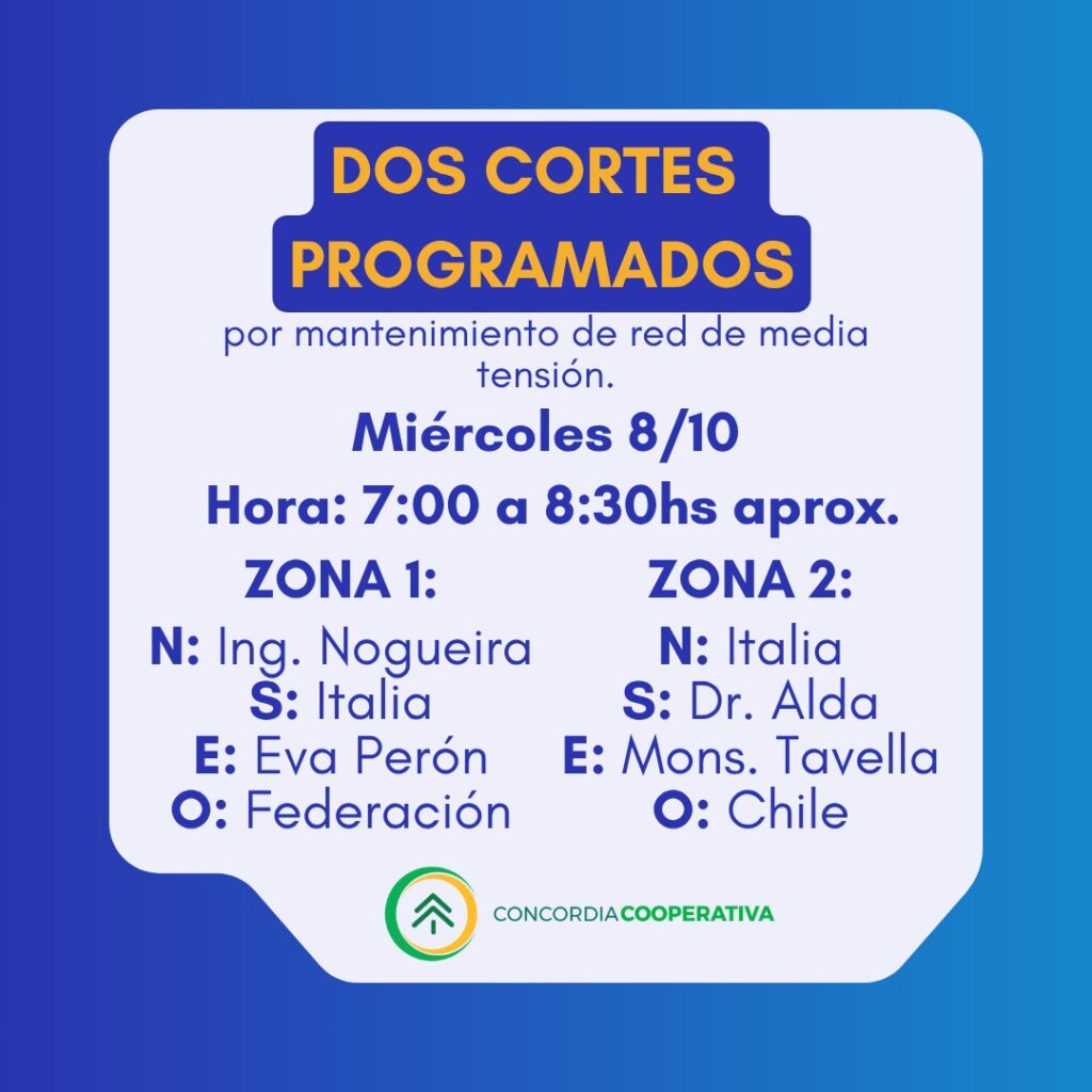 alt="infografía con los horarios de los corte de energía programados en Concordia"