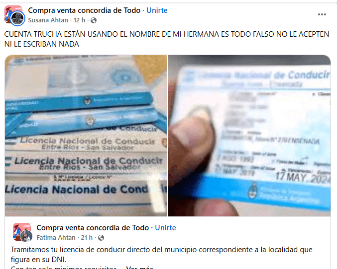 alt="Mientras desde el municipio se alertaba sobre la venta de licencias de conducir falsas a través de las redes sociales, una mujer denunció en un gupo de compra venta local que utilizaban el nombre de su hermana para realizar actividades fraudulentas desde una cuenta trucha"