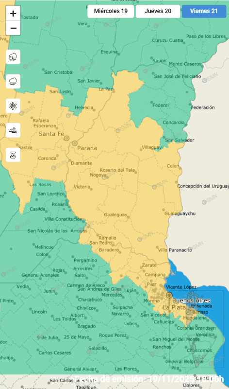 alt="mapa con las zonas afectadas este viernes por la alerta meteorológica para Entre Ríos"