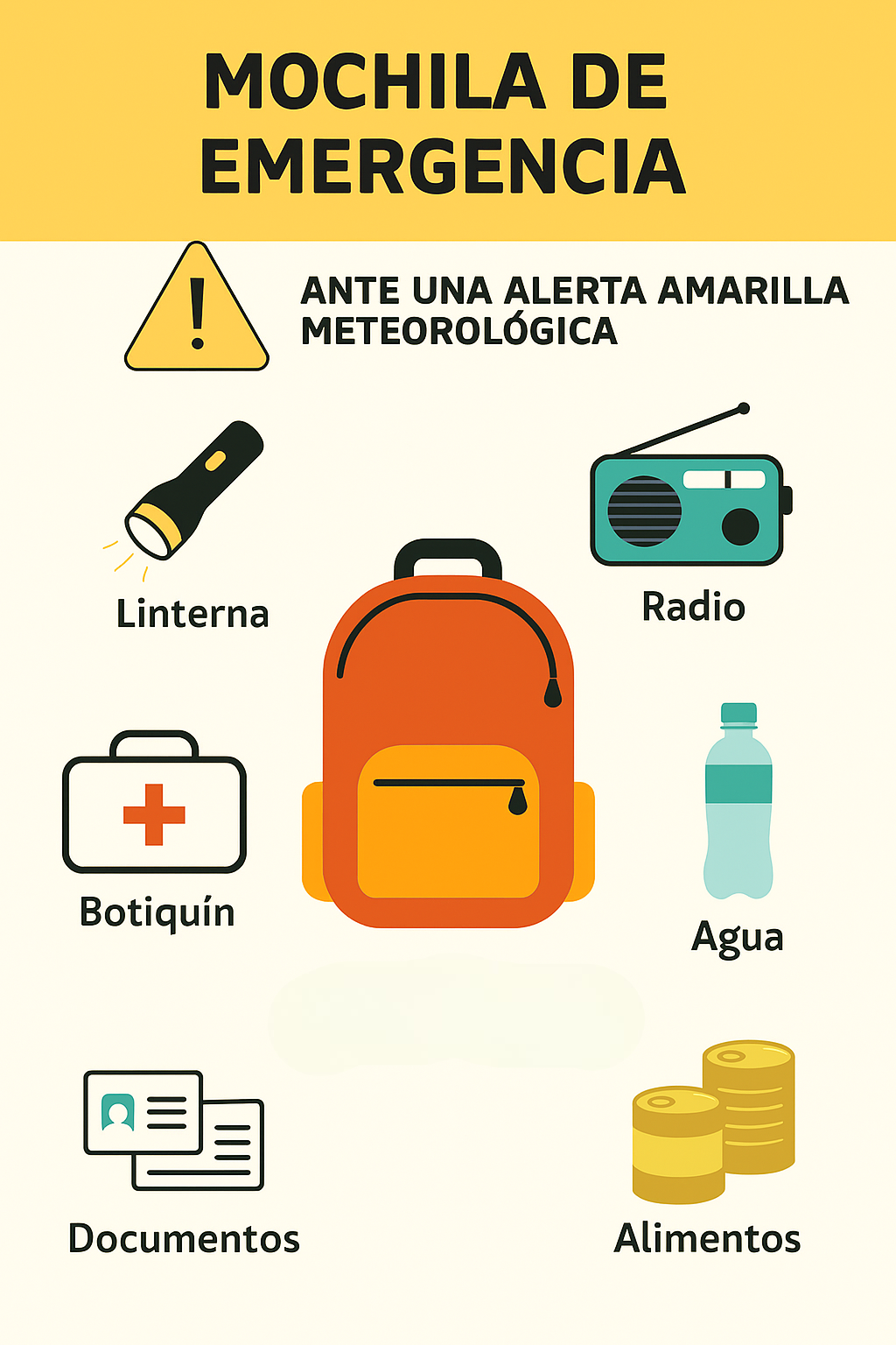alt="elementos indispensables en una mochila de emergencia ante una alerta amarilla meteorológica"