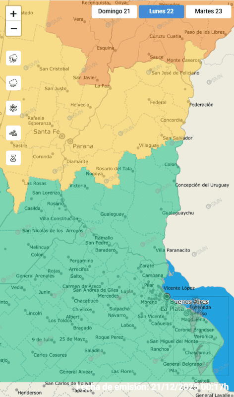alt="mapa con el área de Entre Ríos para el cual rige una alerta amarilla por tormentas para este domingo y el lunes"