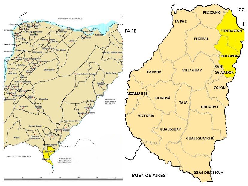 alt=" mapas de las provincias de Entre Ríos y Corrientes donde se destacan los departamentos de Federación y Concordia en Entre Ríos y los municipios de Juan Pujol y Mocoretá en Corrientes"