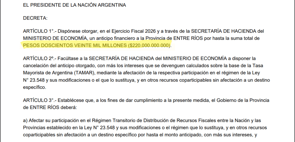 alt="recorte del Decreto 922/2025 referido al monto del anticipo financiero a Entre Ríos"