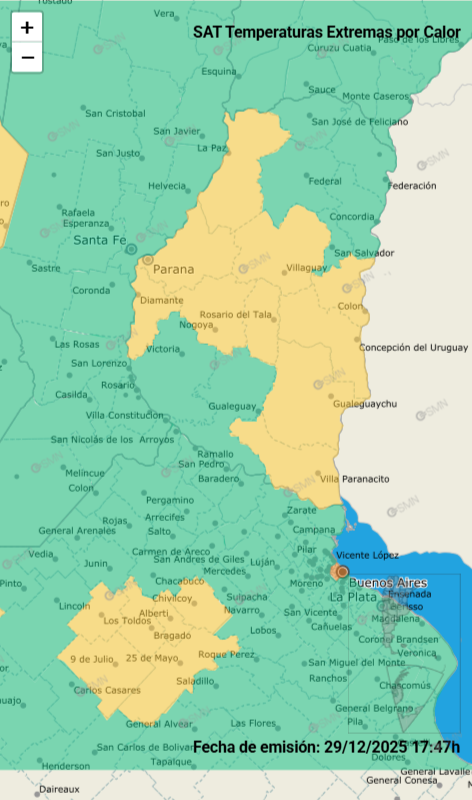 alt="El SMN emitió una alerta por calor extremo en Entre Ríos y el centro del país. Validez por 24 horas. Fuente: Servicio Meteorológico Nacional"